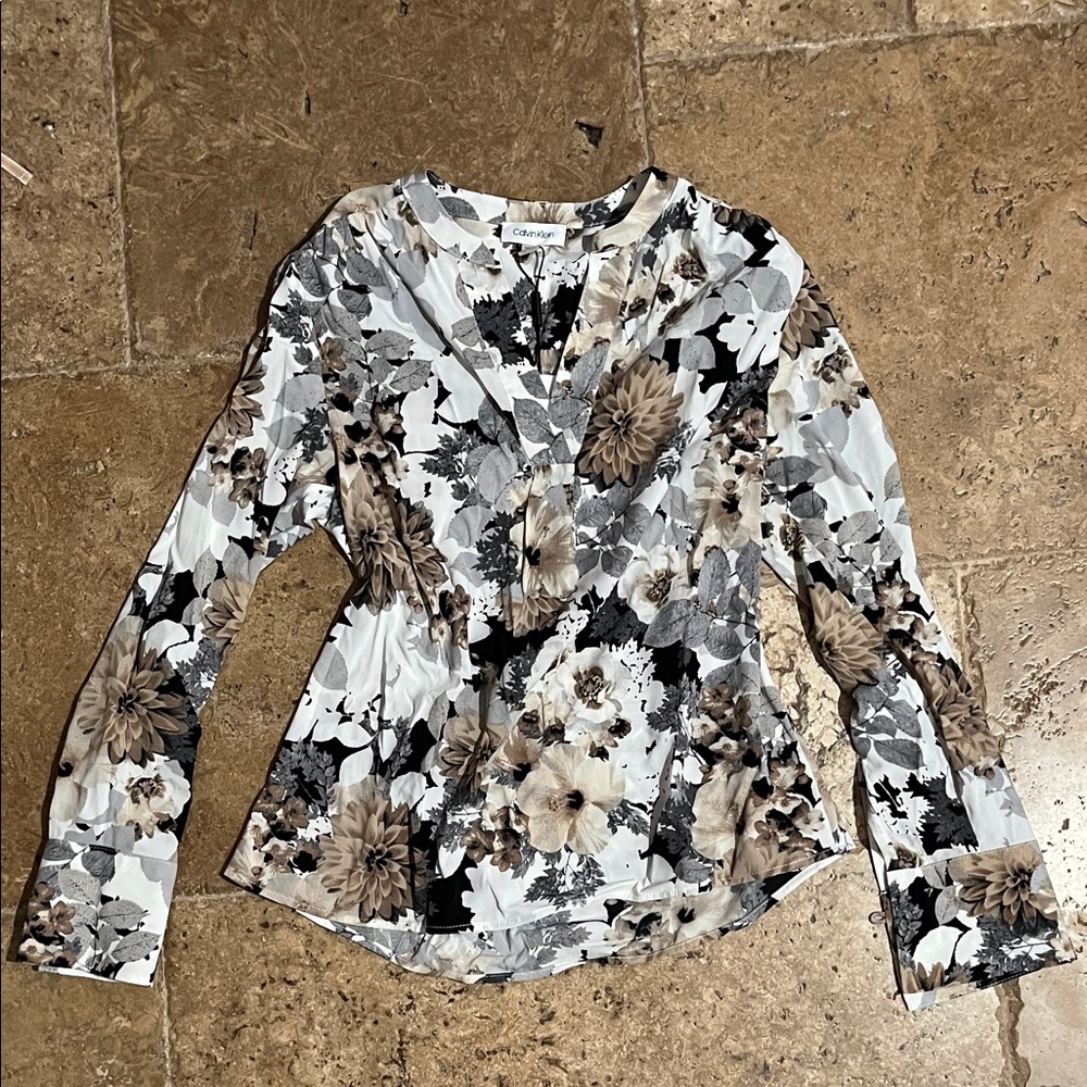 Calvin Klein Black and Cream Floral Blouse